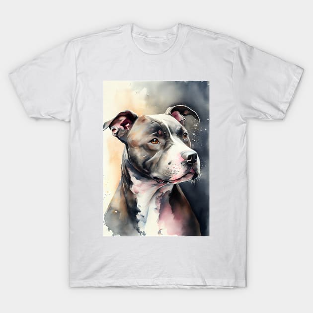 Watercolor Grey and White Pit Bull Terrier T-Shirt by designs4days